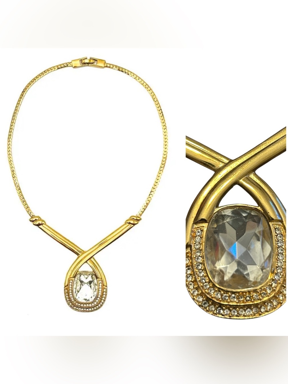 Rare 80s Vintage MONET Pear Shaped Headlamp Crystal Gem Pendant Gold Necklace